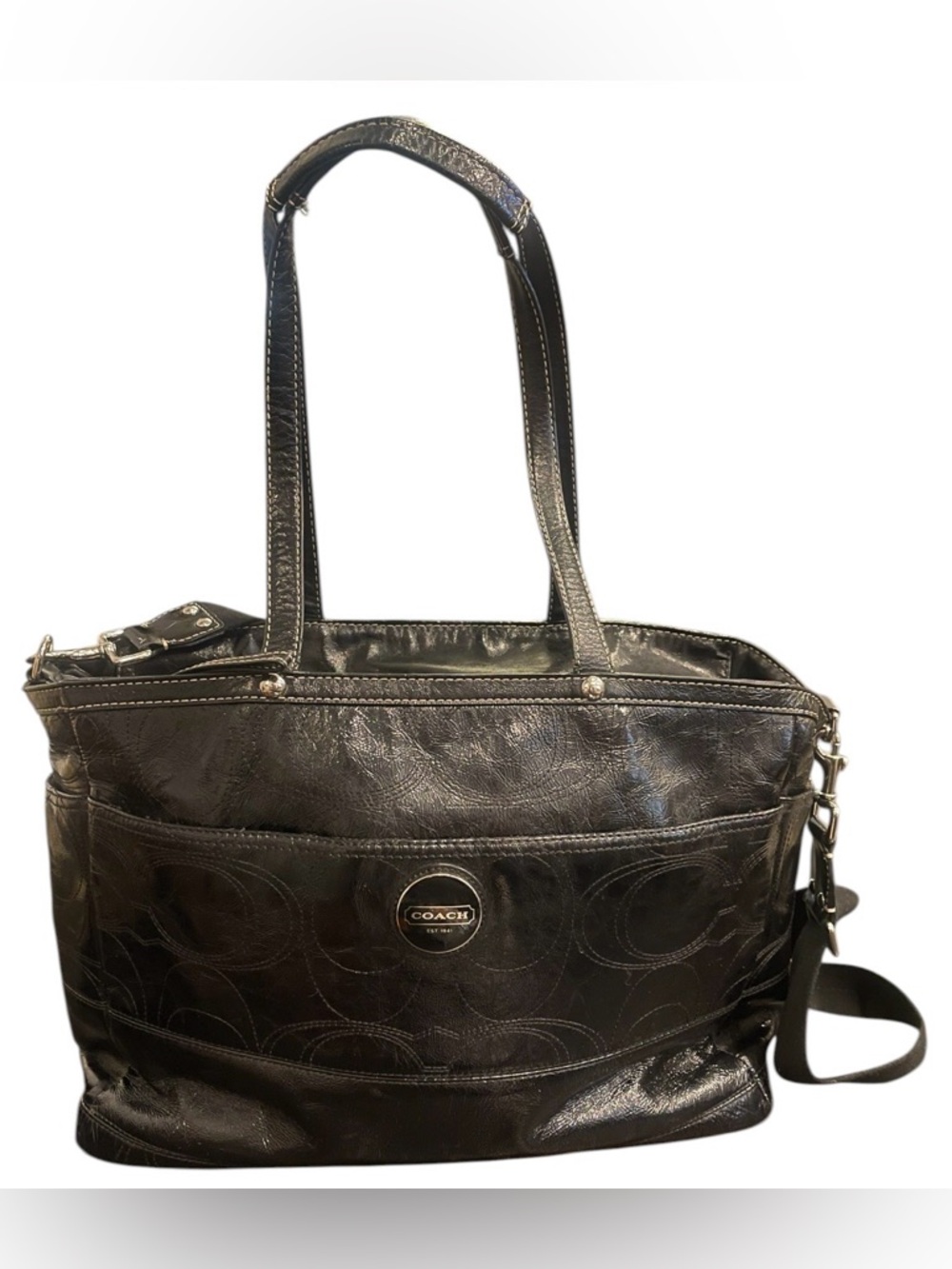 Coach Tote Diaper Bag Work Multifunction   Signature C Black Patent Leather